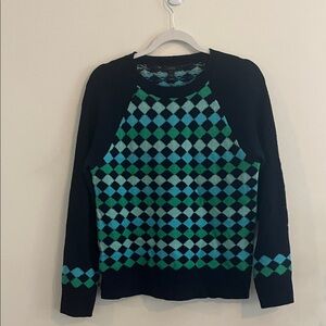 J.Crew Lambs Wool Sweater Geometric Blue Green Winter Cozy Diamond Argyle‎ M